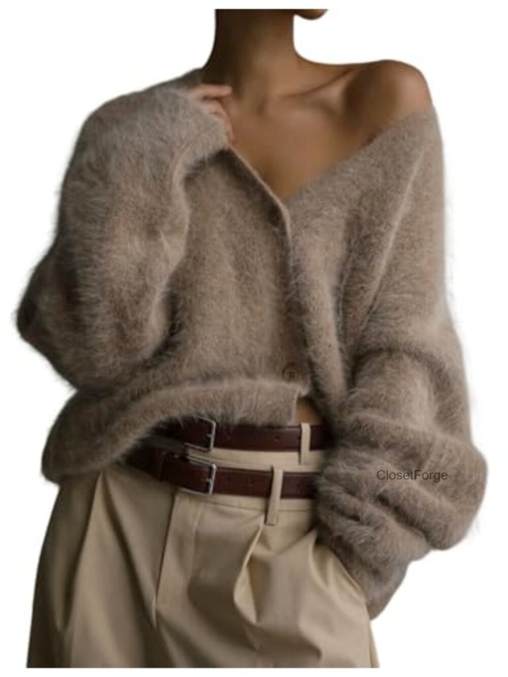 Womens Fuzzy Cardigan Sweater V Neck Long Sleeve Button Down Slouchy Furry Knit